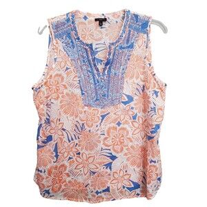 Talbots Petite Orange & Blue Embroidered Split Neck Sleeveless Blouse Size LP